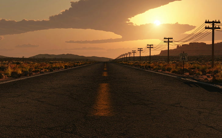 Road Route 66 Sunlight Desert CG HD, grey asphalt highway, nature, HD wallpaper