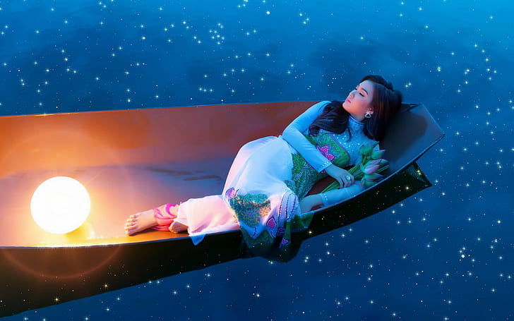 asian, women, water, boat, lotus, night, sleep, HD wallpaper
