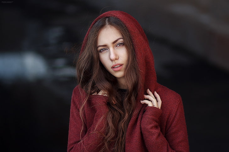women, hoods, face, portrait, open mouth, red, young adult