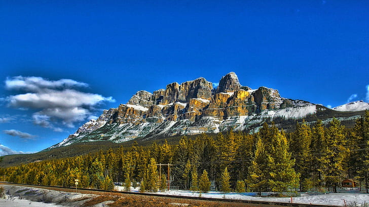 Castle Mountain, Alberta, Canada, brown mountains, road, sky, HD wallpaper