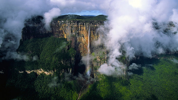nature, waterfall, clouds, Venezuela, landscape, smoke - physical structure, HD wallpaper