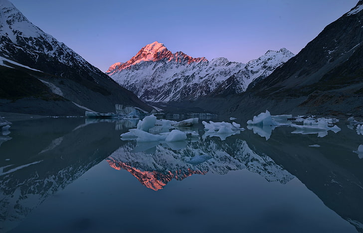 light, reflection, mountains, lake, ice, New Zealand, peaks, HD wallpaper