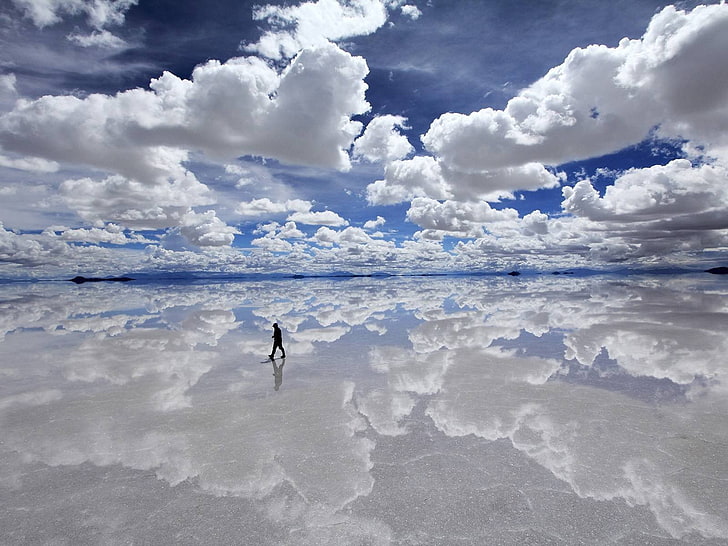 photo of man walking on shore, Uyuni, Bolivia, clouds, sky, lake