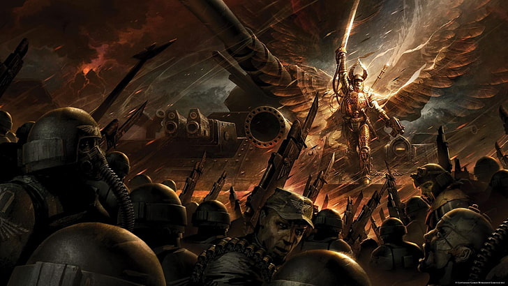 angel in front of army digital wallpaper, Warhammer 40,000, imperial guard, HD wallpaper