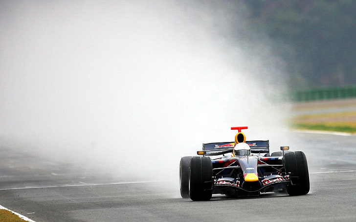 black F1 race car, Formula 1, race tracks, Red Bull Racing, race cars, HD wallpaper
