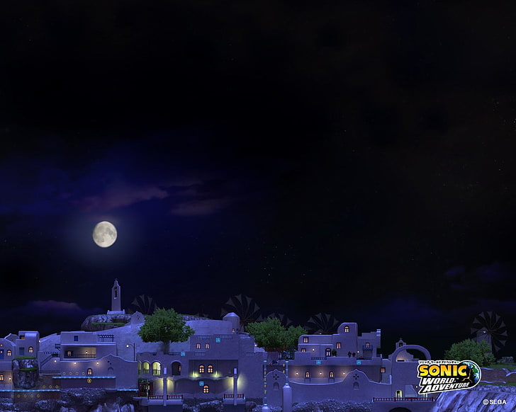 Sonic, Sonic Unleashed, night, moon, sky, architecture, full moon, HD wallpaper