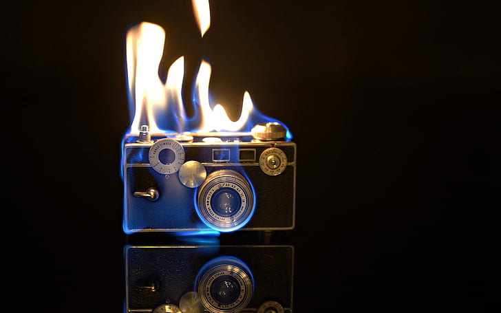 Camera flames, fire, creative pictures, grey camera, HD wallpaper