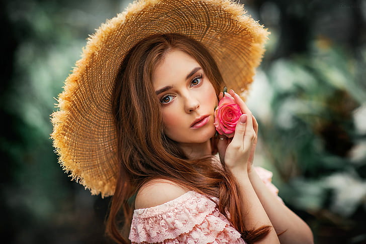 women, model, hat, flowers, depth of field, photography, redhead, HD wallpaper