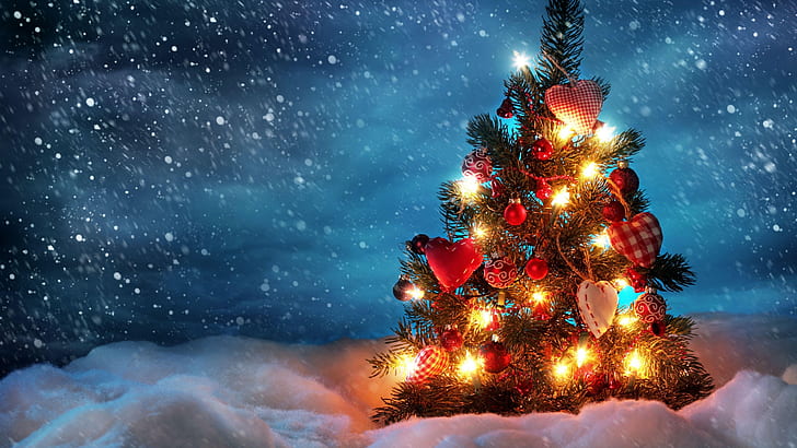 christmas, christmas tree, xmas, christmas lights, snow, holiday, HD wallpaper