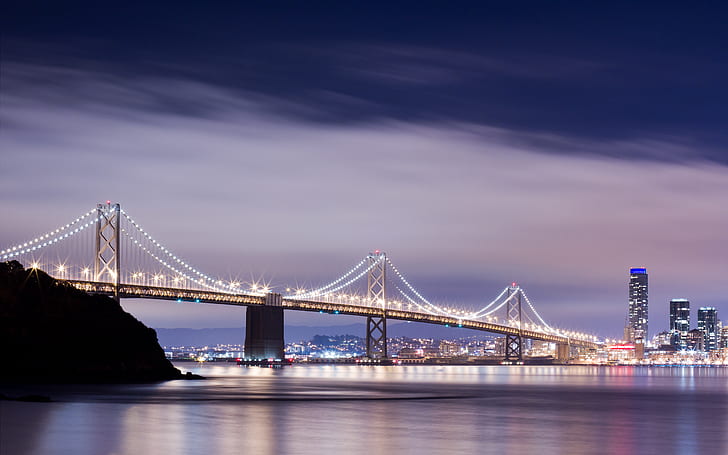 Oakland Bridge Bridge San Francisco Night Lights HD, cityscape, HD wallpaper