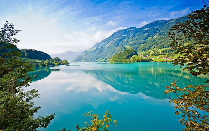 Beautiful nature landscape, lake, mountains, trees, village, blue sky, white clouds, HD wallpaper