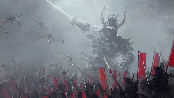 armored monster wallpaper, digital art, samurai, fighting, Jakub Różalski