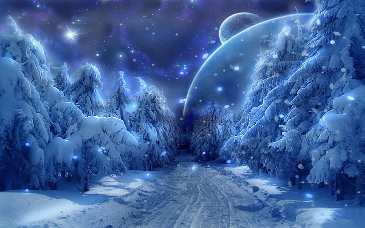 Snowy Fantasy Winter Landscape Pine Tree Trees Under Snow Cover Star Sky Planets Ultra Hd Wallpaper For Desktop Mobile Phones And Laptops 3840×2400, HD wallpaper