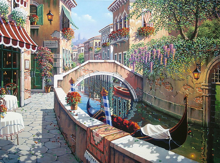 Venice Grand Canal painting, summer, flowers, Italy, channel, HD wallpaper
