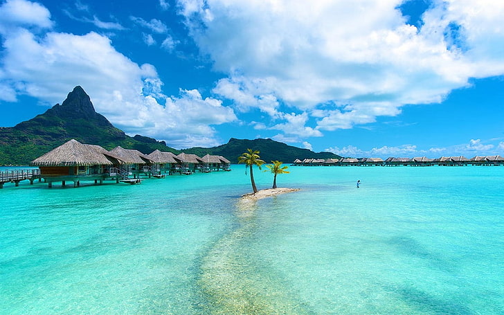 sea, Bora Bora, tropical, summer, mountains, turquoise, nature, HD wallpaper