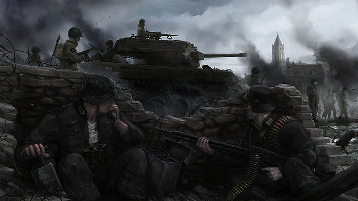 Nazi, Ambush, tank, machine gun, soldier, World War II, M18 Hellcat, HD wallpaper
