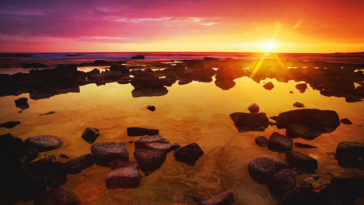 landscape, Sun, sunrise, sea, purple sky, rocks, horizon, skyscape, HD wallpaper