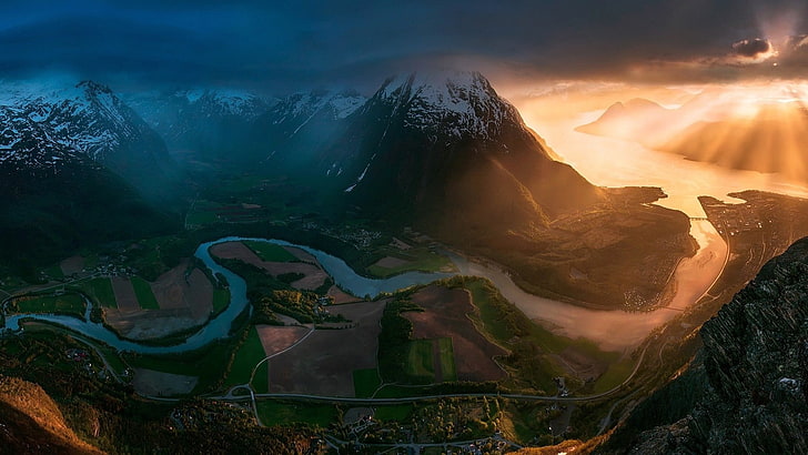 river and mountain illustration, sunset, Norway, field, road, HD wallpaper