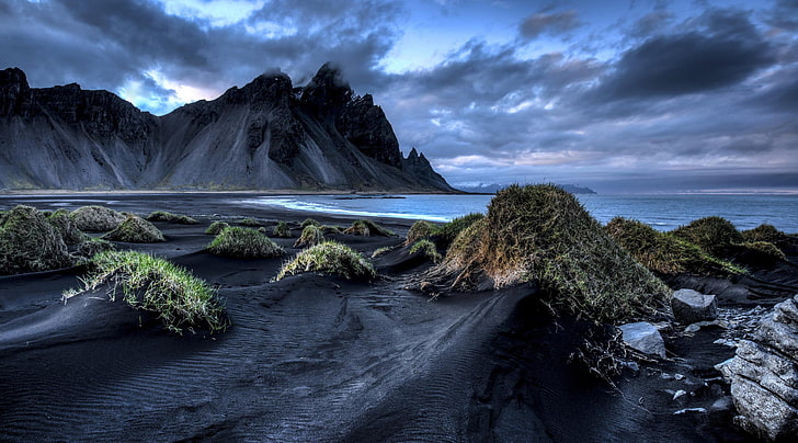 grass field, sea, clouds, mountains, shore, Iceland, black sand