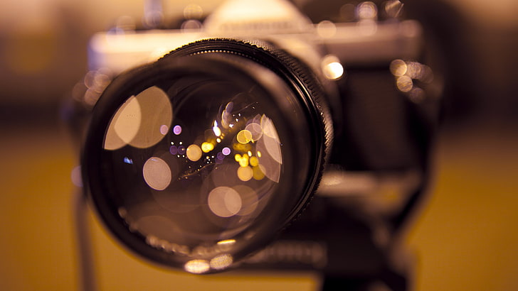 black SLR camera, macro, bokeh, lens, blurred, close-up, lens - optical instrument, HD wallpaper