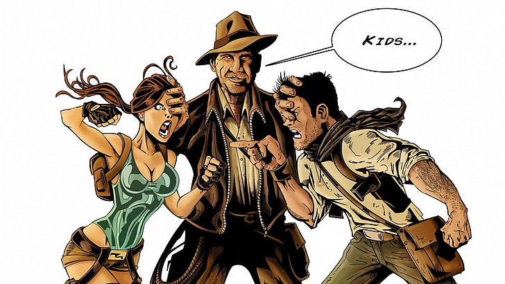 cowboy illustration, Tomb Raider, uncharted, Indiana Jones, Lara Croft, HD wallpaper