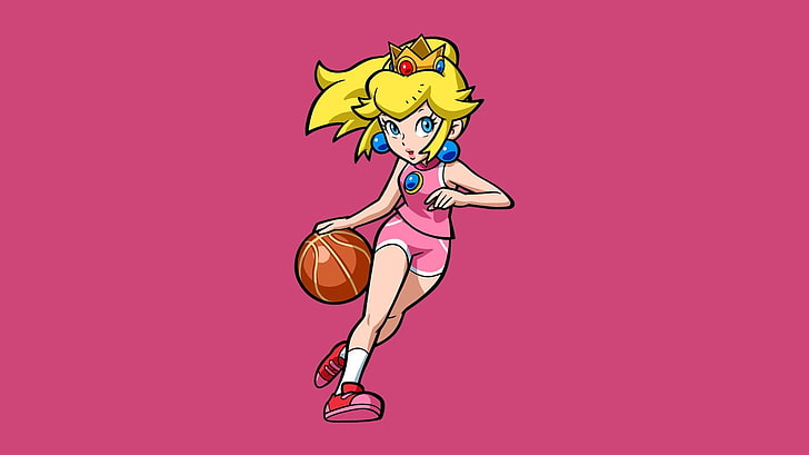 yellow haired girl holding basketball, Princess Peach, Super Mario