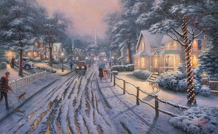 Hometown Christmas Memories by Thomas Kinkade, snow covered house painting, HD wallpaper