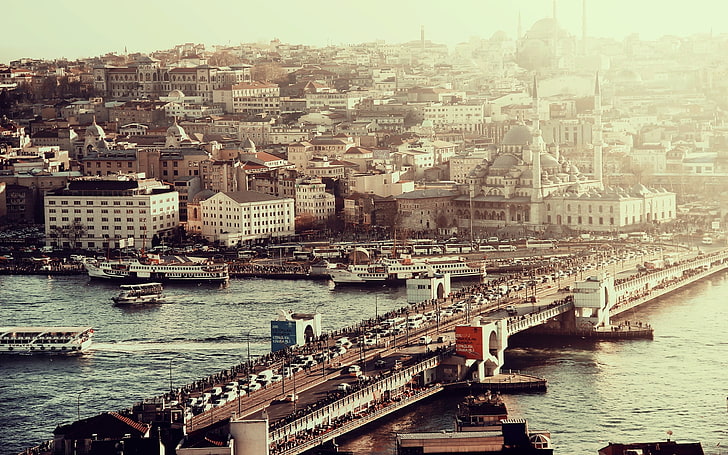 brown concrete bridge, cityscape, building, river, Istanbul, Turkey, HD wallpaper