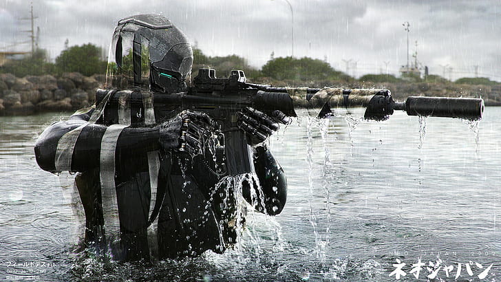 Futuristic, Military, Science Fiction, Soldier, Gun, Water