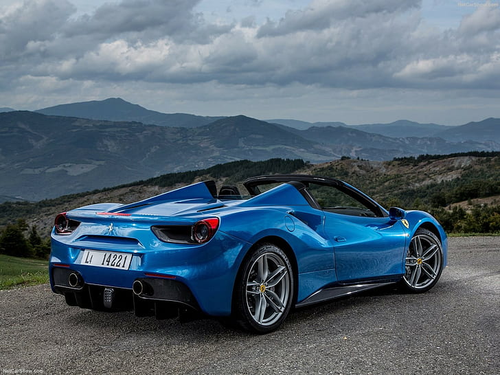 Ferrari, Ferrari 488 GTB, car, blue cars, clouds, hills