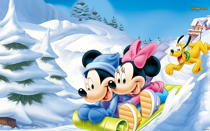 Disney, Mickey Mouse, Minnie Mouse, Pluto, Snow, HD wallpaper