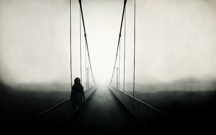 black cable-stayed bridge, man, fog, walking, solitude, freedom