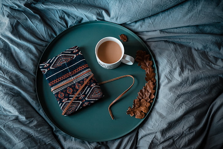 bed, coffee, book, notebook, diary, tray, blacknot, the nap, HD wallpaper
