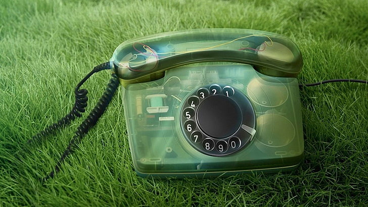 gray rotary phone, old, grass, numbers, handset, telephone, communication