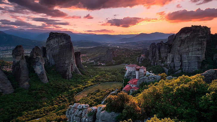 greece, rock, kalambaka, mountain, meteora, cloud, landscape