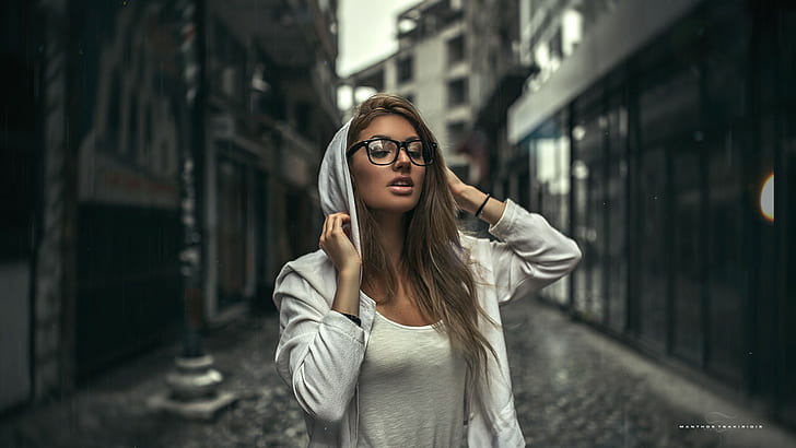 depth of field, glasses, women, rain, water drops, women with glasses, HD wallpaper