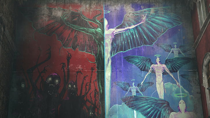 Halo, wall, Heaven and Hell, wings, demon, graffiti, DmC: Devil May Cry