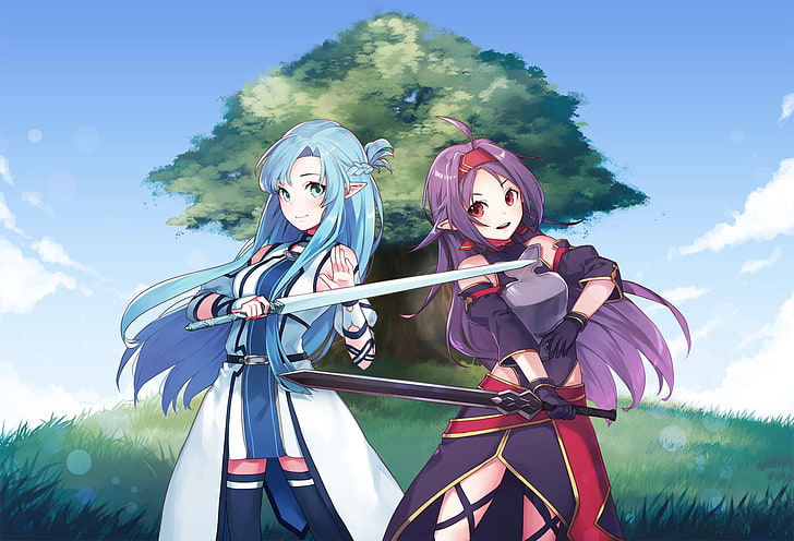 two women's blue and purple hair anime characters, Konno Yuuki