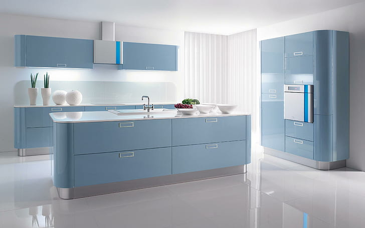 Minimalistic kitchen, blue wooden island kitchen, photography, HD wallpaper