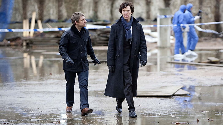 men's black coat, Sherlock, Benedict Cumberbatch, Martin Freeman