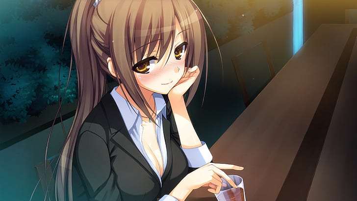 open shirt, Game CG, anime, business suit, long hair, cleavage