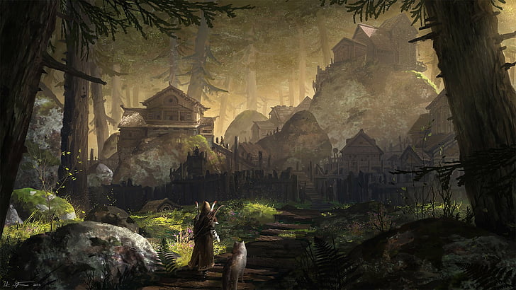 Fantasy, City, Forest, Village, Warrior, Wolf, HD wallpaper