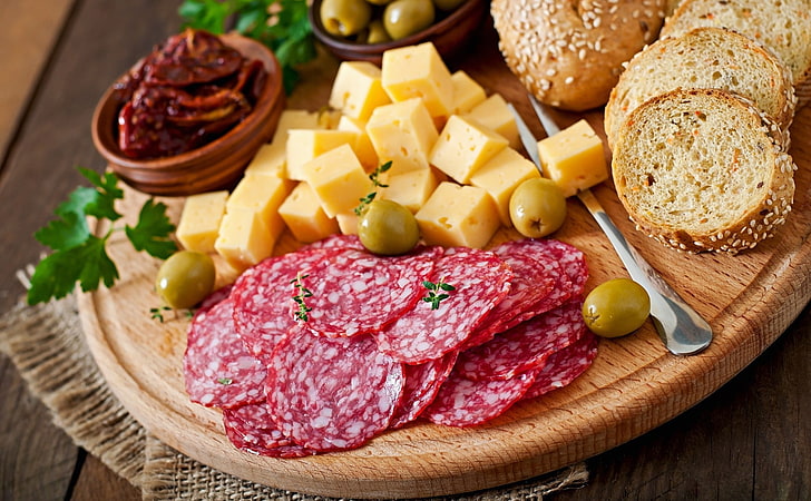 assorted variety of foods, bread, cheese, sausage, fork, food and drink
