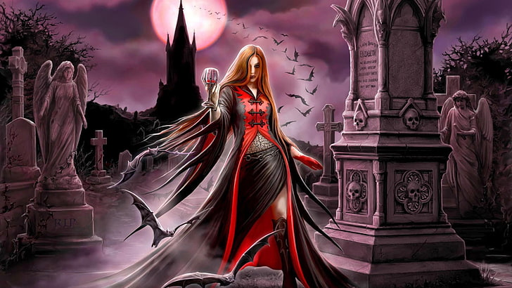 female character wearing red and black dress wallpaper, vampires, HD wallpaper