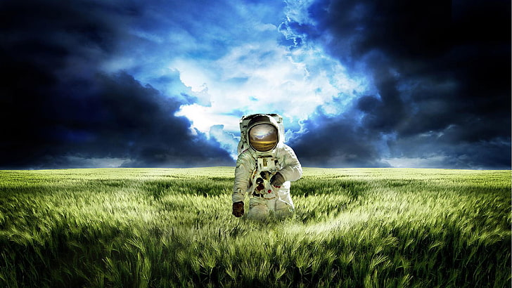 painting of astronaut, digital art, helmet, space suit, nature, HD wallpaper