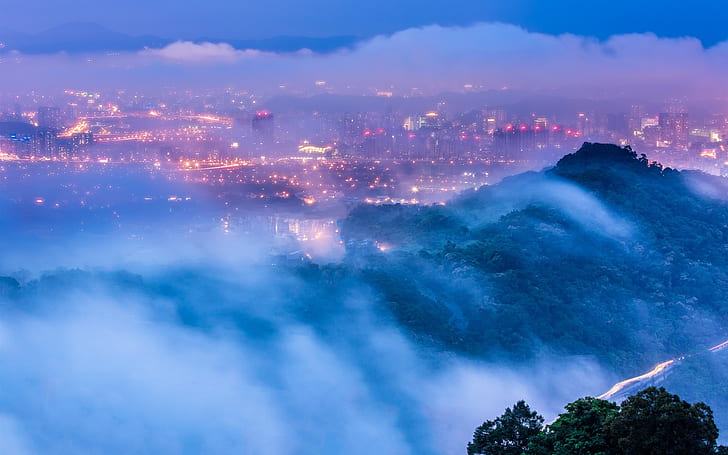 Taiwan, Taipei, city, evening, dusk, lights, mist, clouds, HD wallpaper