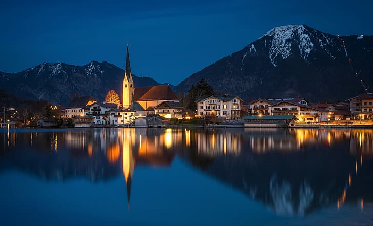 mountains, lake, reflection, building, home, Germany, Bayern, HD wallpaper