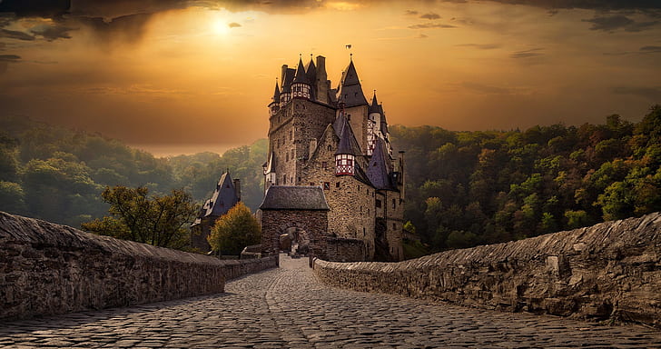 sunset, nature, castle, Germany, Burg Eltz, HD wallpaper