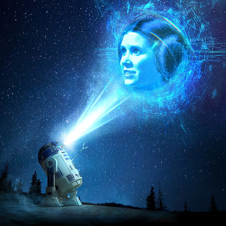 Carrie Fisher, D2, digital art, Leia Organa, R2, science fiction, HD wallpaper
