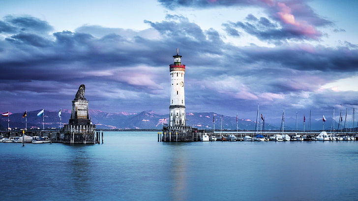 lindau, lighthouse, bavarian lion sculpture, germany, europe, HD wallpaper
